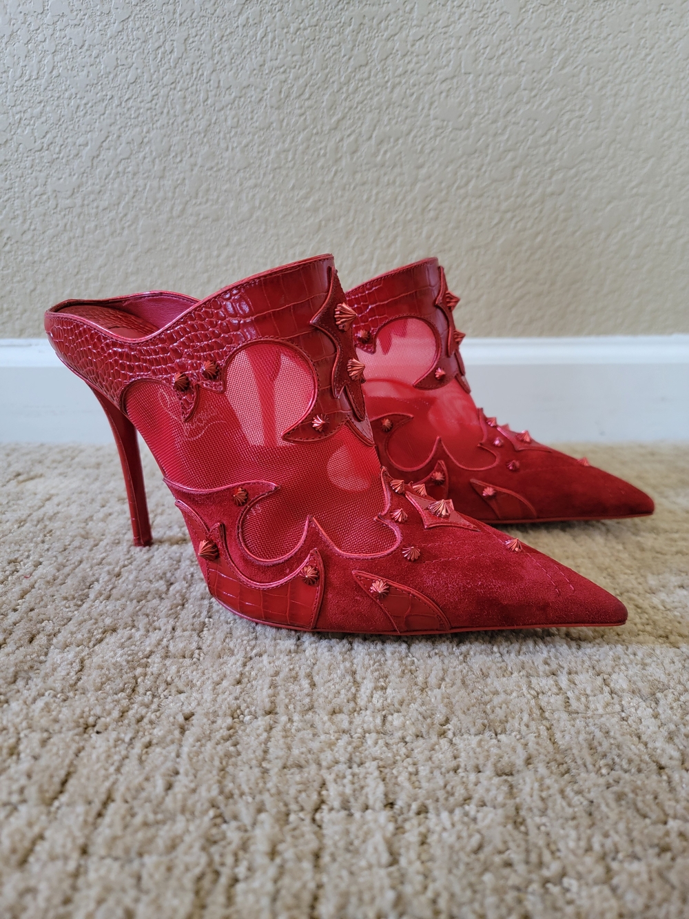Christian Louboutin Mulatiag Red Pointed Mesh & Suede Studded Mule Heels, Sz 39